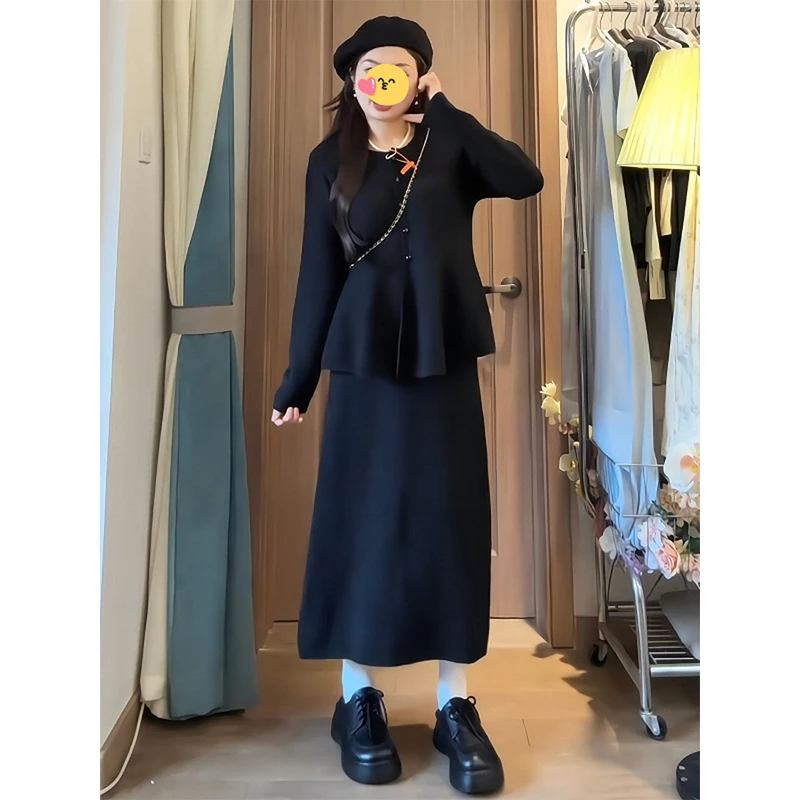 大码女装胖mm温柔风荷叶边针织毛衣+半身裙2025秋季显瘦气质套装