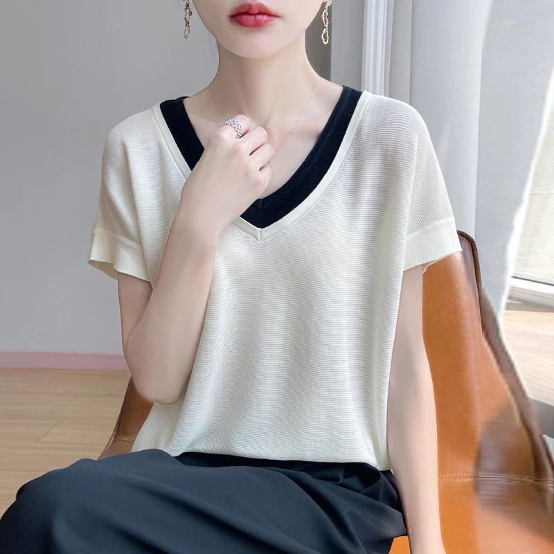 品牌夏季新款时尚V领假两件针织衫t恤女显瘦遮肉上衣