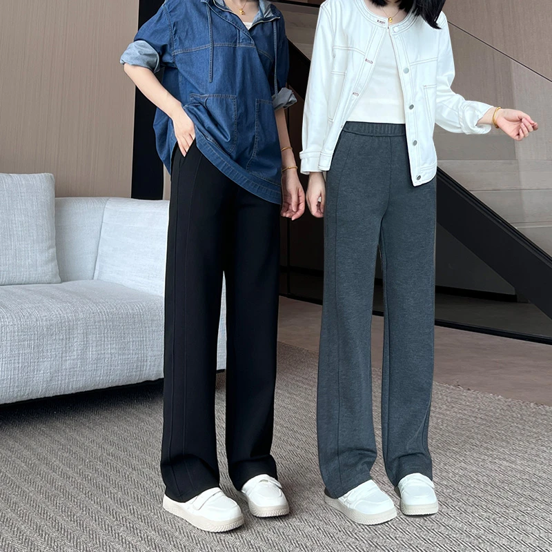 乐库优莫代尔窄版直筒裤女秋高腰宽松显瘦休闲拼接弯刀裤阔腿裤子