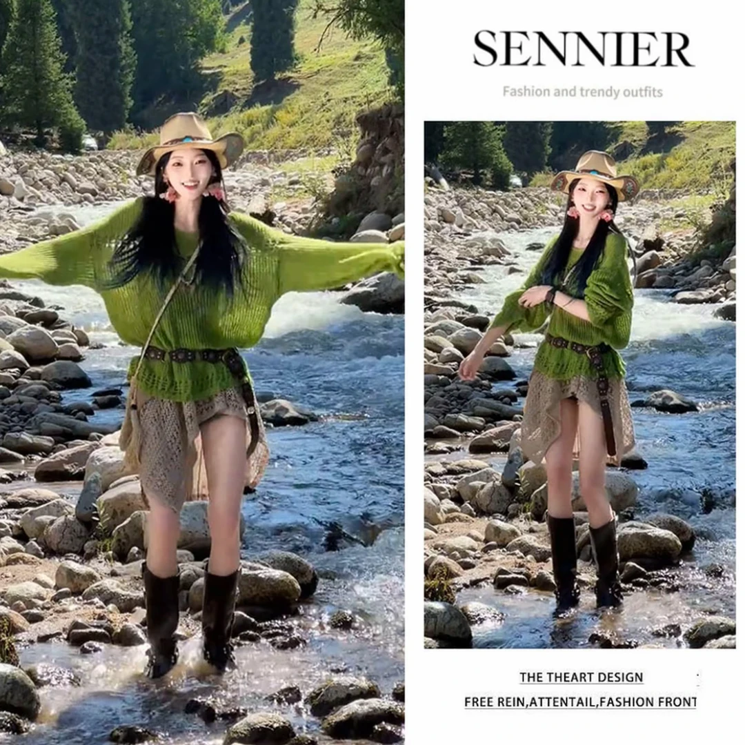 流行穿搭女装2025爆款慵懒宽松绿色针织长袖不规则半身裙两件套装