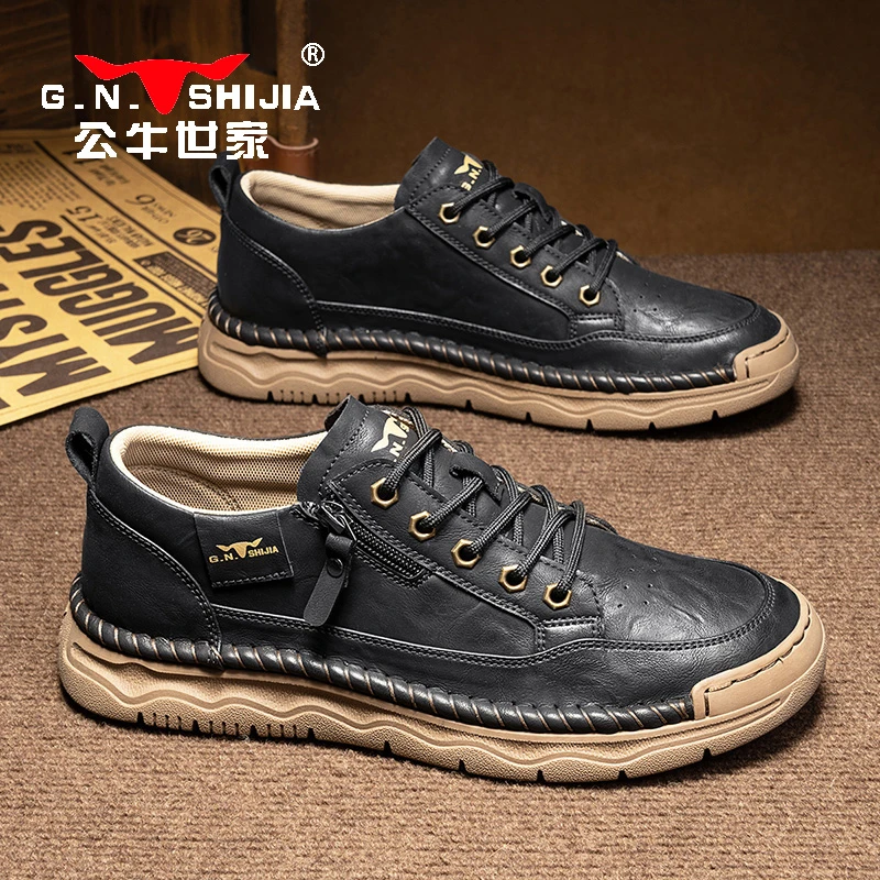 公牛世家男鞋休闲鞋春季运动轻便软底板鞋开车低帮休闲手工小皮鞋