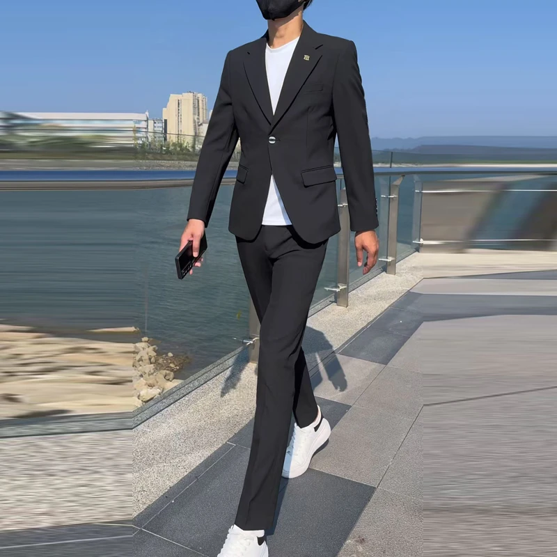 潮流痞帅休闲西装套装男结婚新郎礼服时尚商务正装修身西服外套男