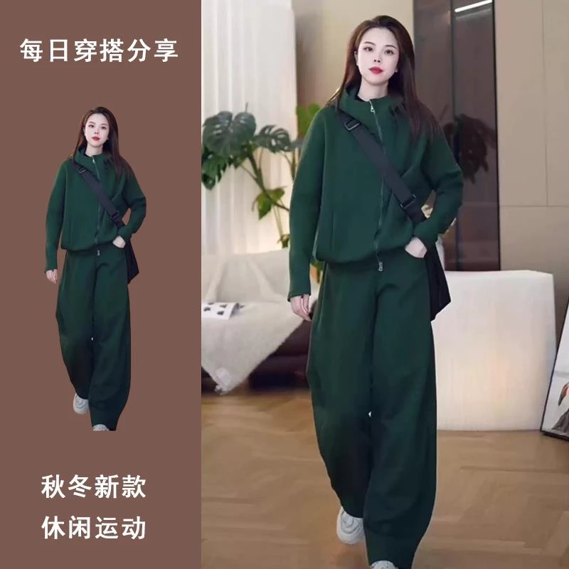 韩系慵懒风绿色连帽卫衣阔腿裤两件套2025年春秋新款休闲运动套装