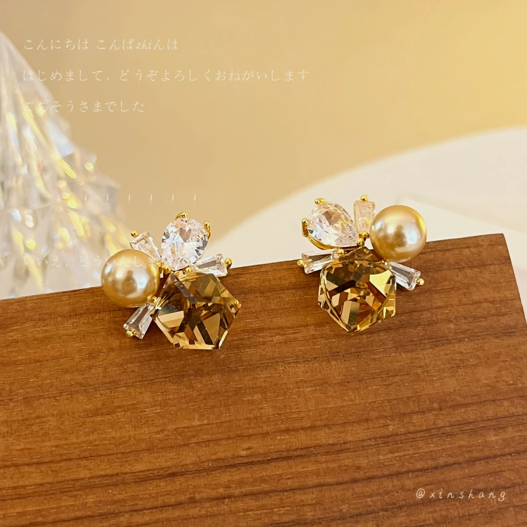 铜合金锆石耳饰 【焦糖玛奇朵】时尚精致锆石耳钉咖色秋冬耳饰百搭