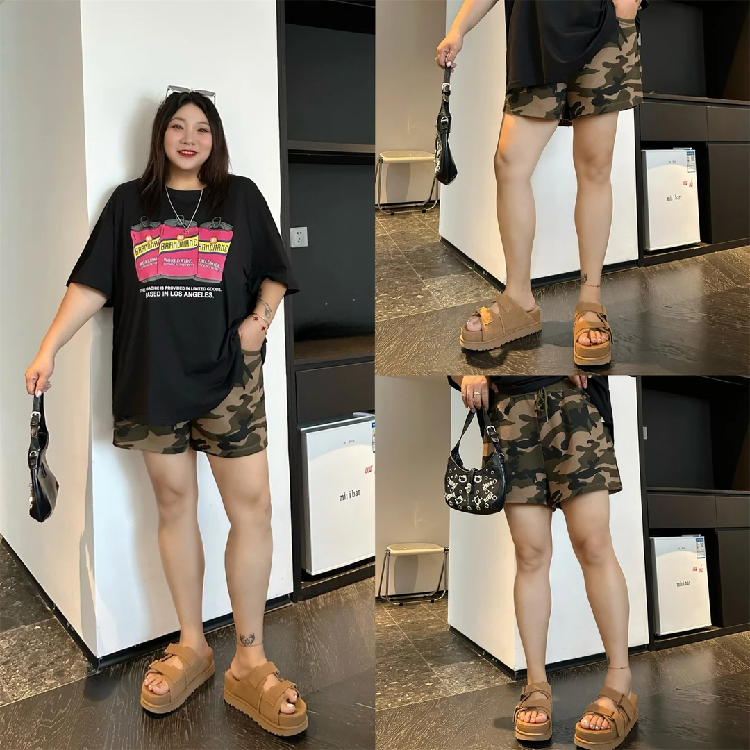 大码女装夏季宽松减龄休闲花契200斤胖mm美式辣妹迷彩短裤4327