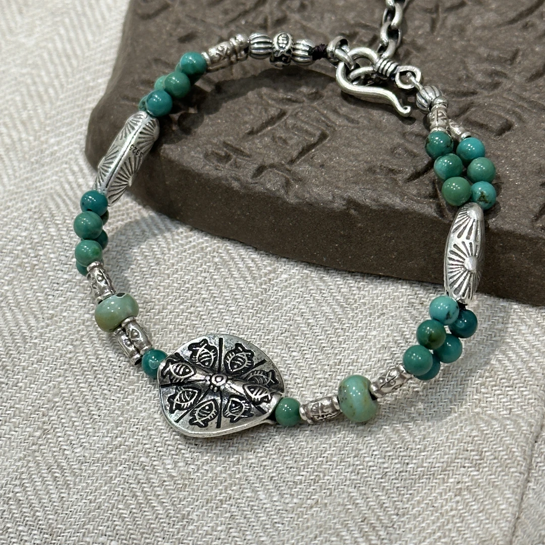 <一禅兄>S925银绿松石算盘珠鱼纹盘圆形配件手链  约16+5CM