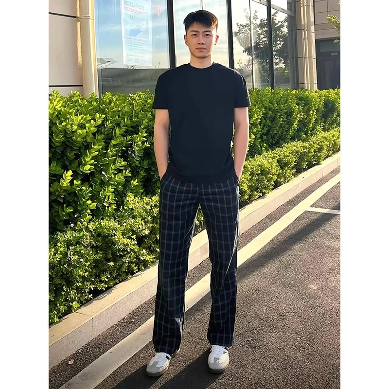 美式复古格子裤子男春夏薄款美式高街休闲格纹时尚百搭休闲直筒裤