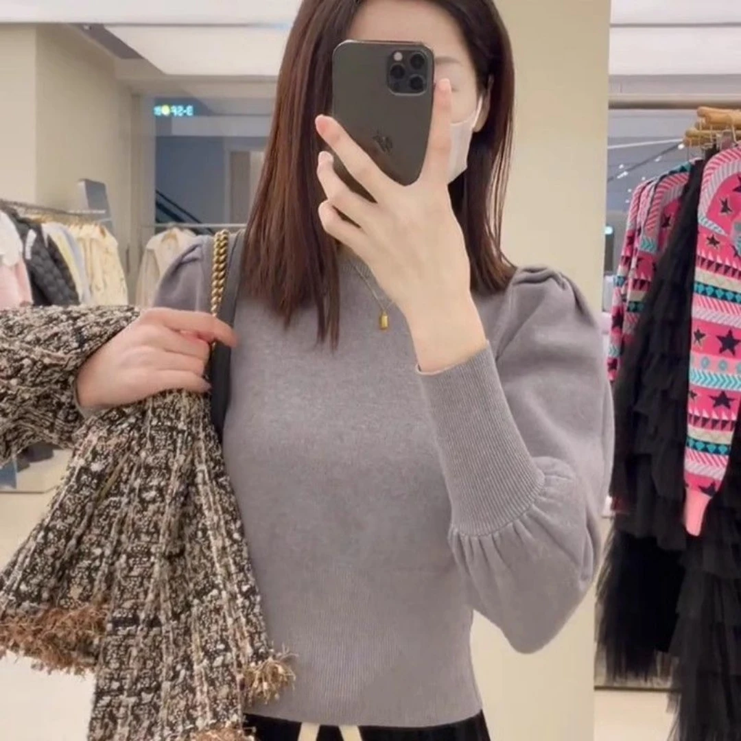 （运费补贴）泡泡袖针织打底衫女秋冬设计感长袖毛衣洋气内搭上衣女