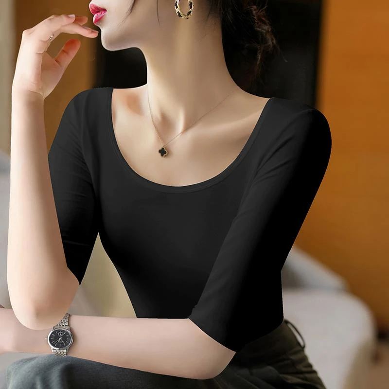 VOCKOO莫代尔双U领中袖T恤紧身大领口内搭上衣女修身五分袖露背打