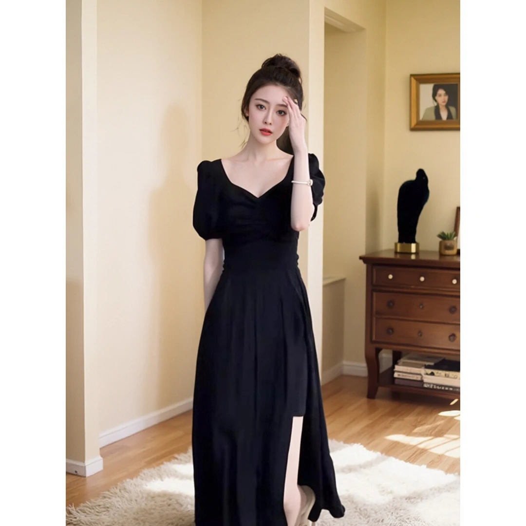 赫本风法式方领气质长裙方领奢华高端精致黑色收腰显瘦连衣裙夏季