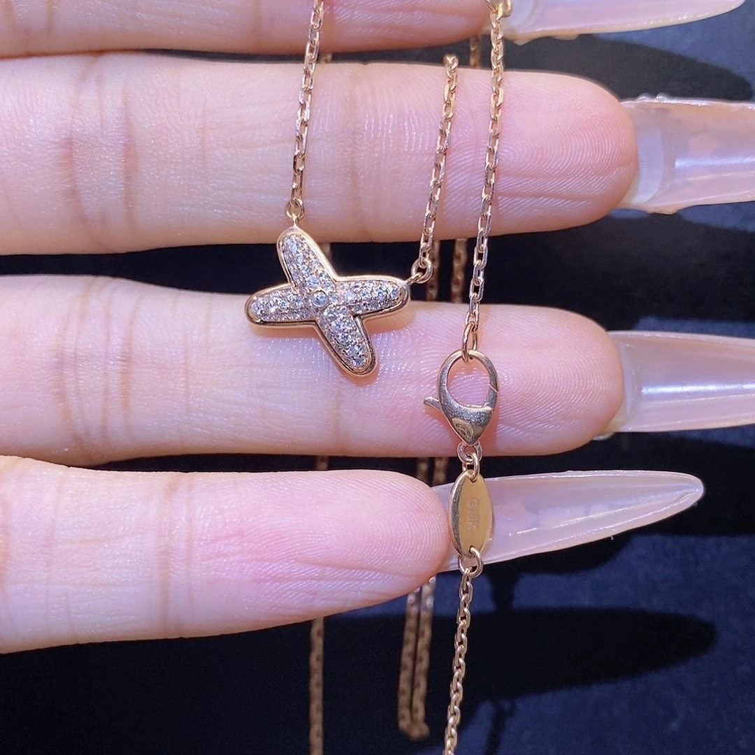 颈饰钻石18K金镶嵌交叉项链k玫