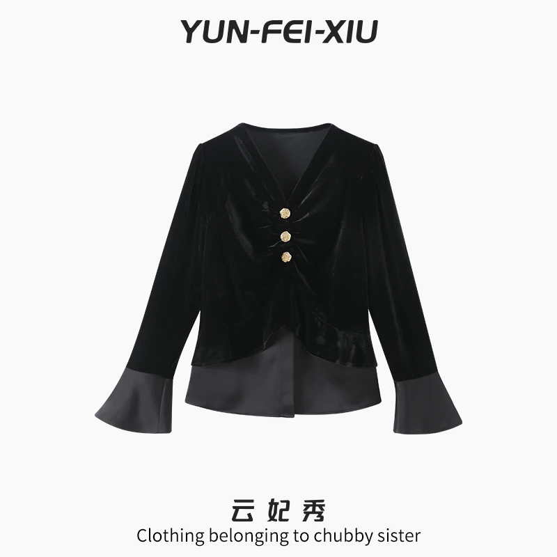 云妃秀大码女装绒衫简约时尚气质V领上衣通勤韩版显瘦遮肉春68310