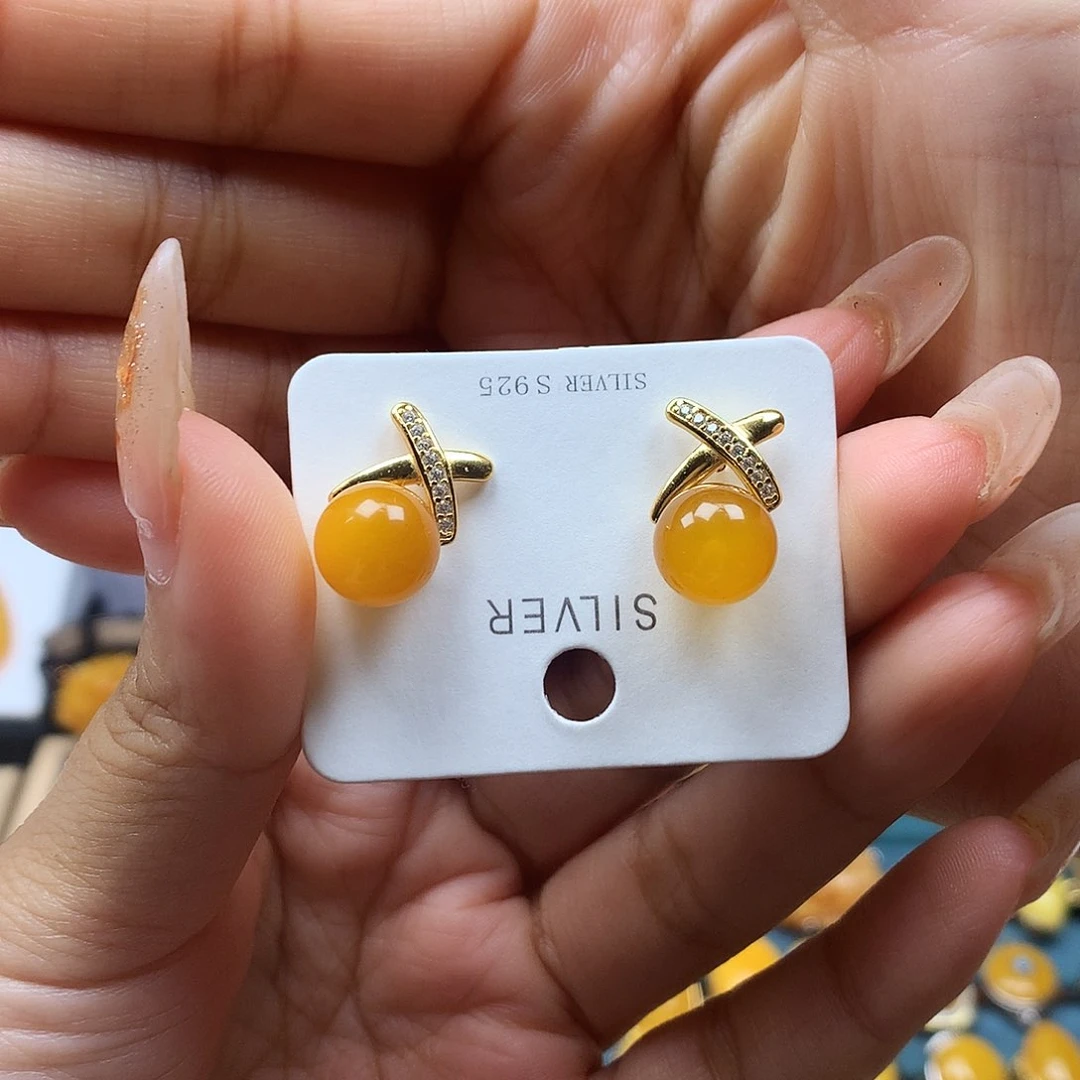 蜜蜡银S925镶嵌耳饰耳钉