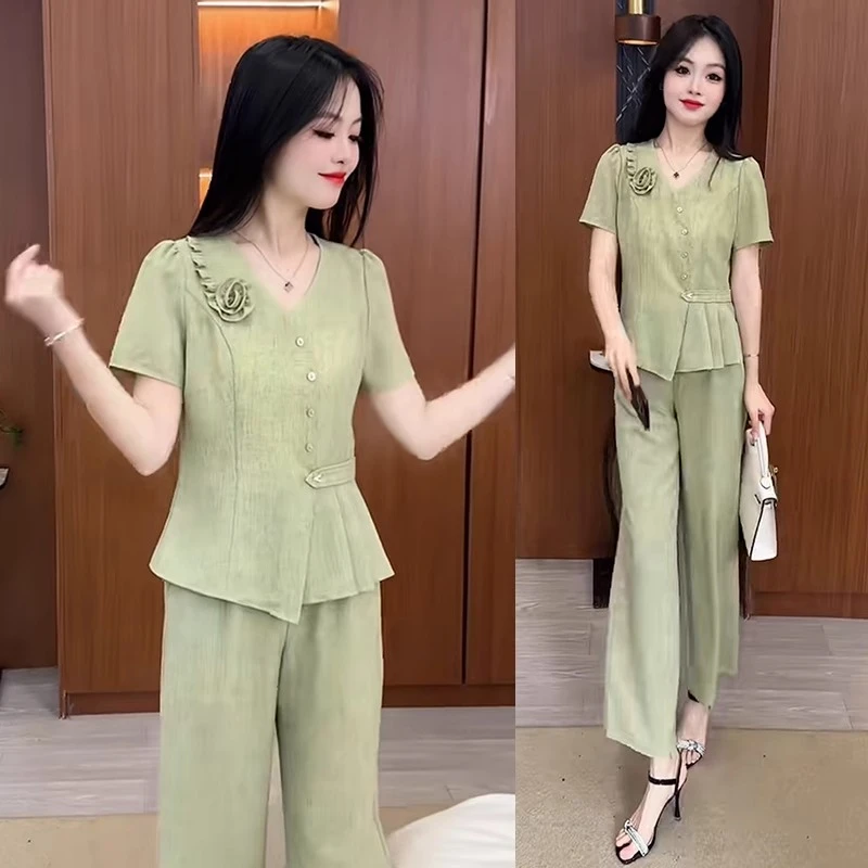 时尚套装女夏季新款洋气显瘦减龄短袖上衣冰丝垂感阔腿裤两件套