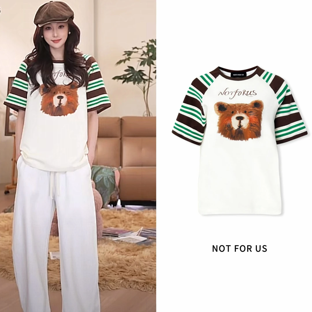 NOT FOR US25SS白色条纹拼接卡通熊猫图案印花圆领短袖