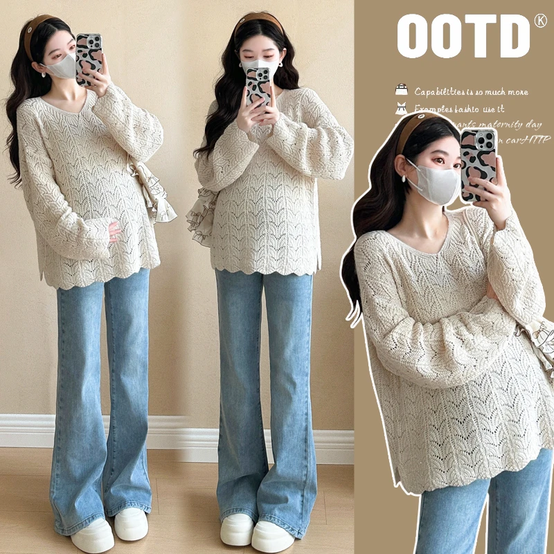 孕妇上衣2025春季新款洋气时尚慵懒风镂空针织衫百搭辣妈中长款潮