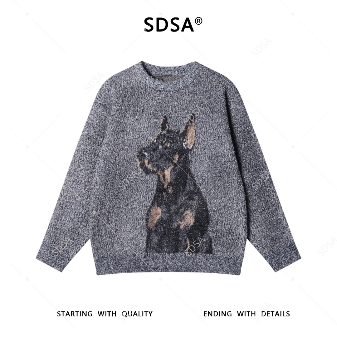 SDSA男士秋冬新款痞帅男装潮牌撞色小狗图案圆领毛衣百搭针织衫