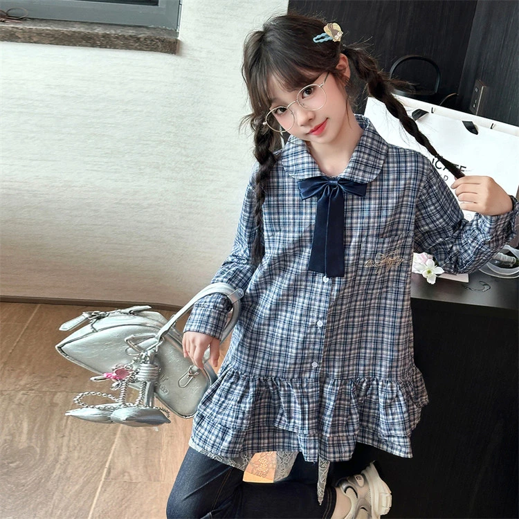 儿童衣服女童上衣女2025新款爆款洋气大童秋装长袖衬衫格子裙衬衣