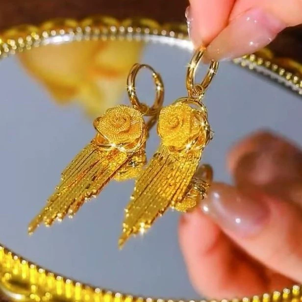 铜合金锆石耳饰 【金玫瑰】2025新款金色玫瑰花流苏耳环