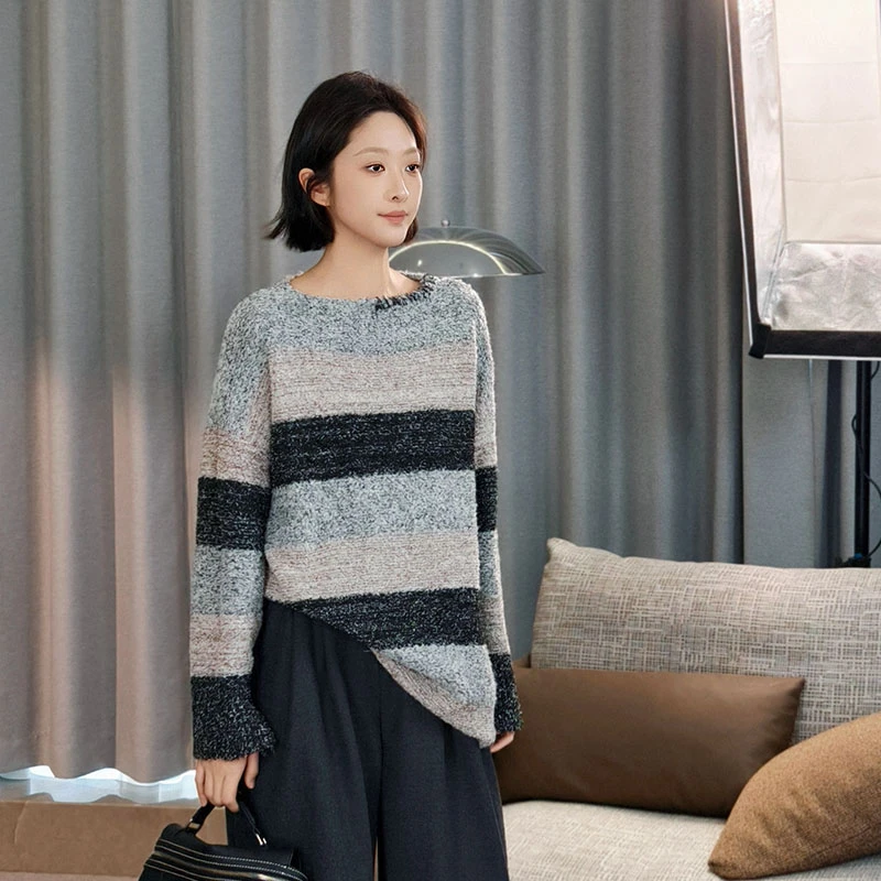 美洋MEIYANG 蓝椰奶酥长袖针织 米粉纱_卷边圆领莫兰迪宽松毛衣