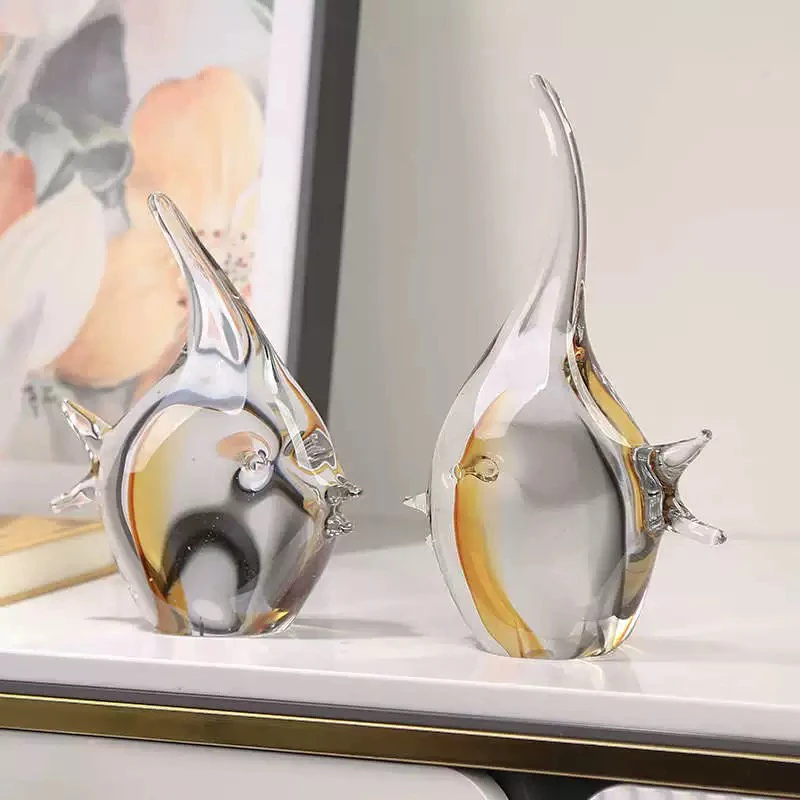 现代抽象热带鱼玻璃摆件简约客厅样板房玄关装饰品年年有余送礼