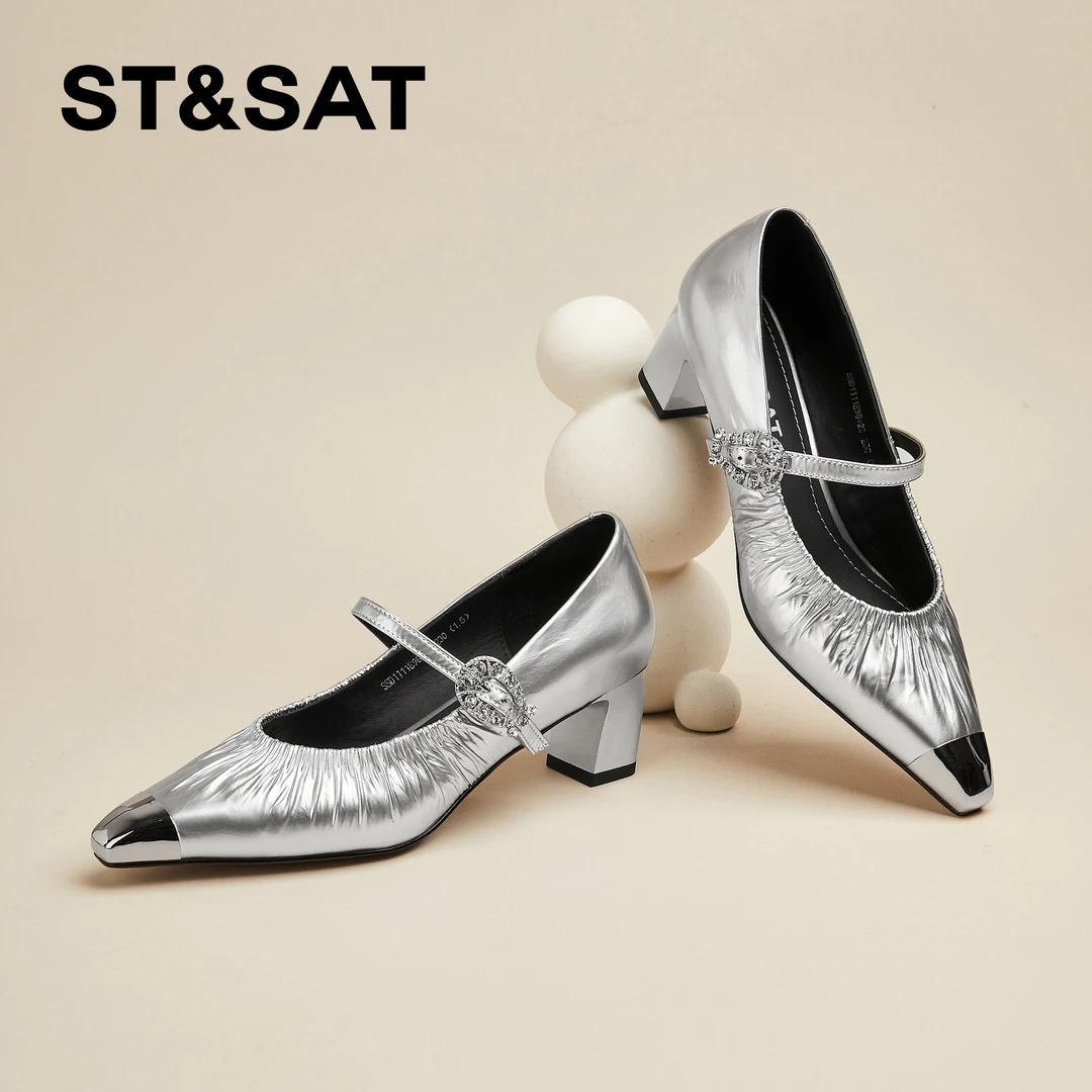 星期六法式牛皮银色粗跟玛丽珍鞋女款2025夏季新款浅口尖头高跟鞋