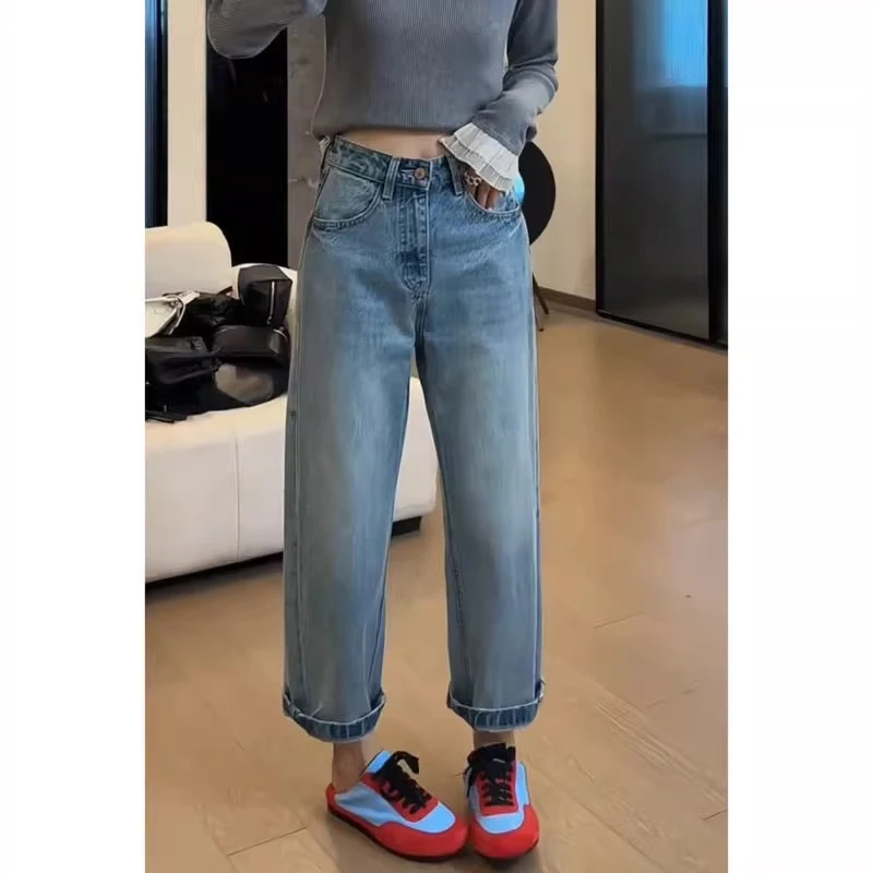3171夏季新款九分窄版直筒裤显瘦牛仔裤子女阔腿裤蓝色梨形身材