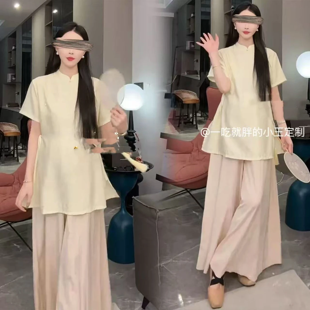 【小王家】新中式国风胖MM夏季气质显瘦上衣阔腿裤遮肚显瘦两件套
