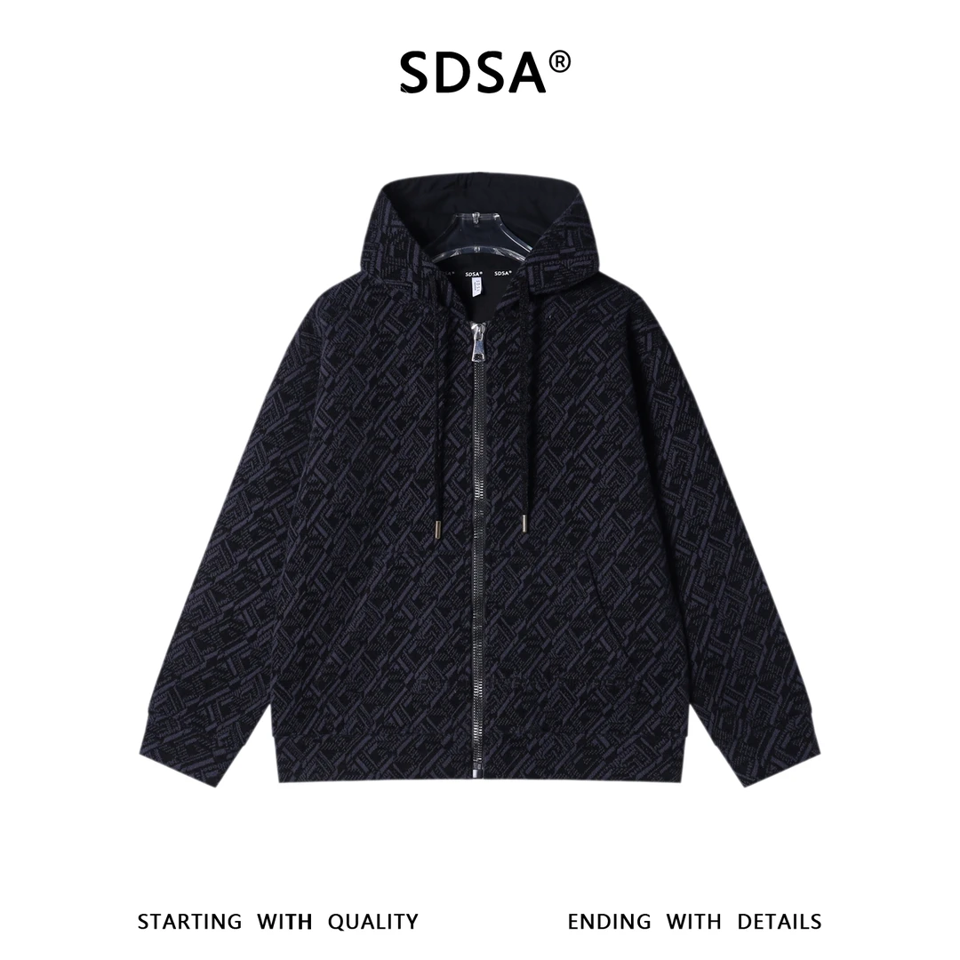 SDSA男士秋冬新款痞帅男装时尚宽松撞色提花拉链连帽卫衣时尚外套