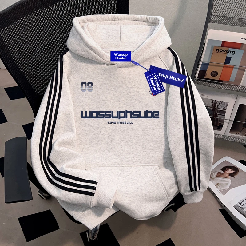 WASSUP HSUBE美式复古三条杠连帽卫衣字母印花设计情侣秋冬上衣服