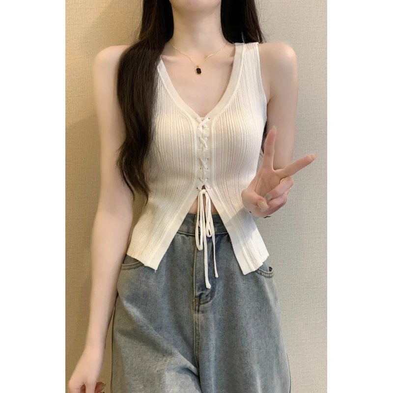 美式辣妹设计感绑带V领无袖针织开衫女2025新款背心修身外穿上衣