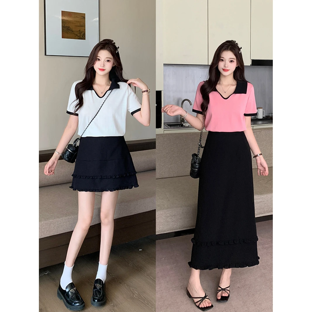 2025夏季新款夏装胖mm大码女休闲撞色翻领短袖长短款半身裙套装