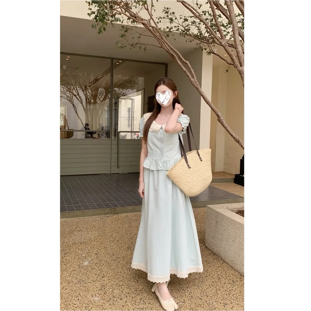 FRVXO韩系甜美花边短袖衬衫+高腰半身裙减龄两件套时尚