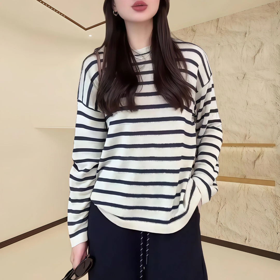 春夏百搭休闲圆领条纹长袖T恤宽松显瘦撞色条纹薄款防晒罩衫上衣