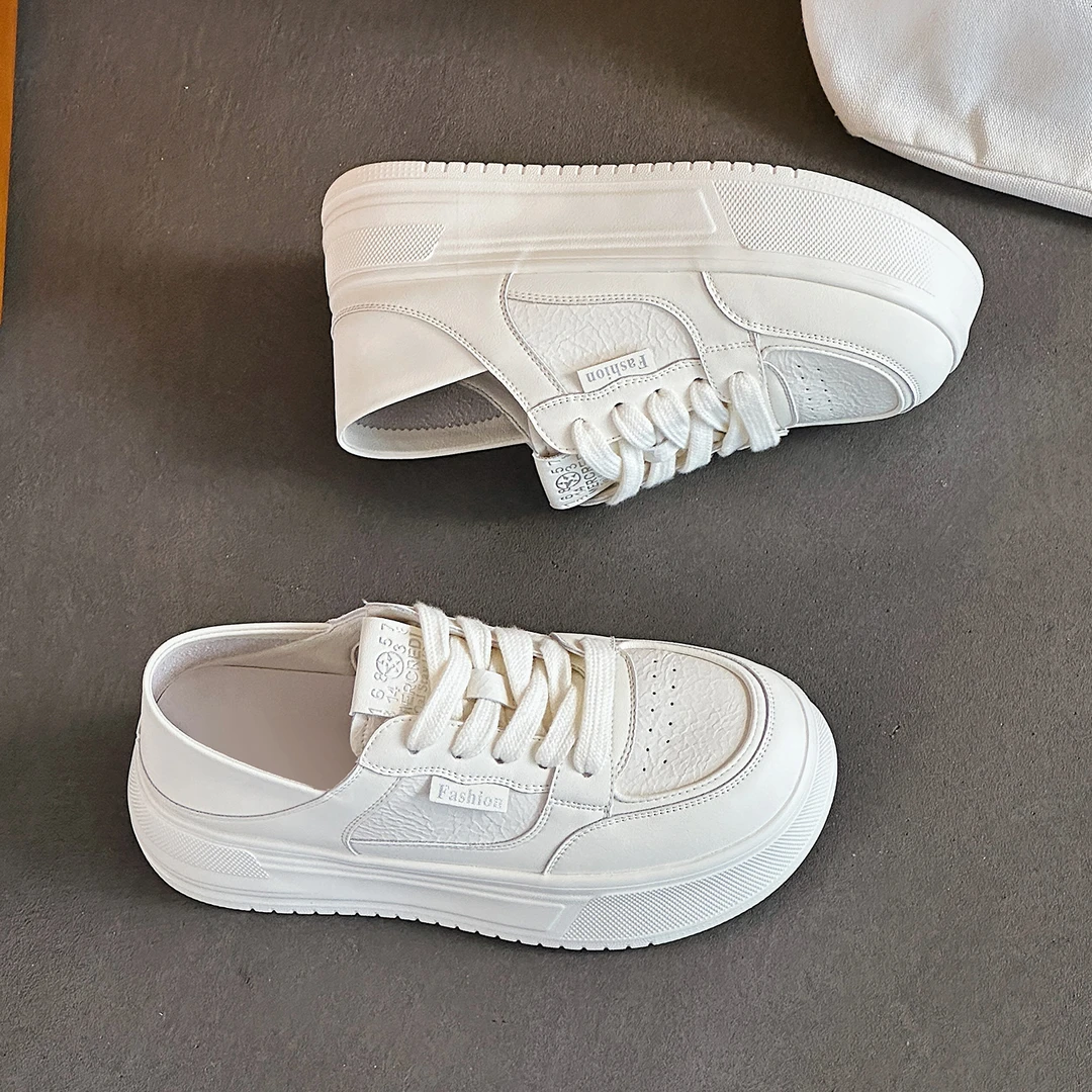 真皮厚底小白鞋女2025新款秋季一脚蹬松糕鞋配阔腿裤两穿休闲板鞋