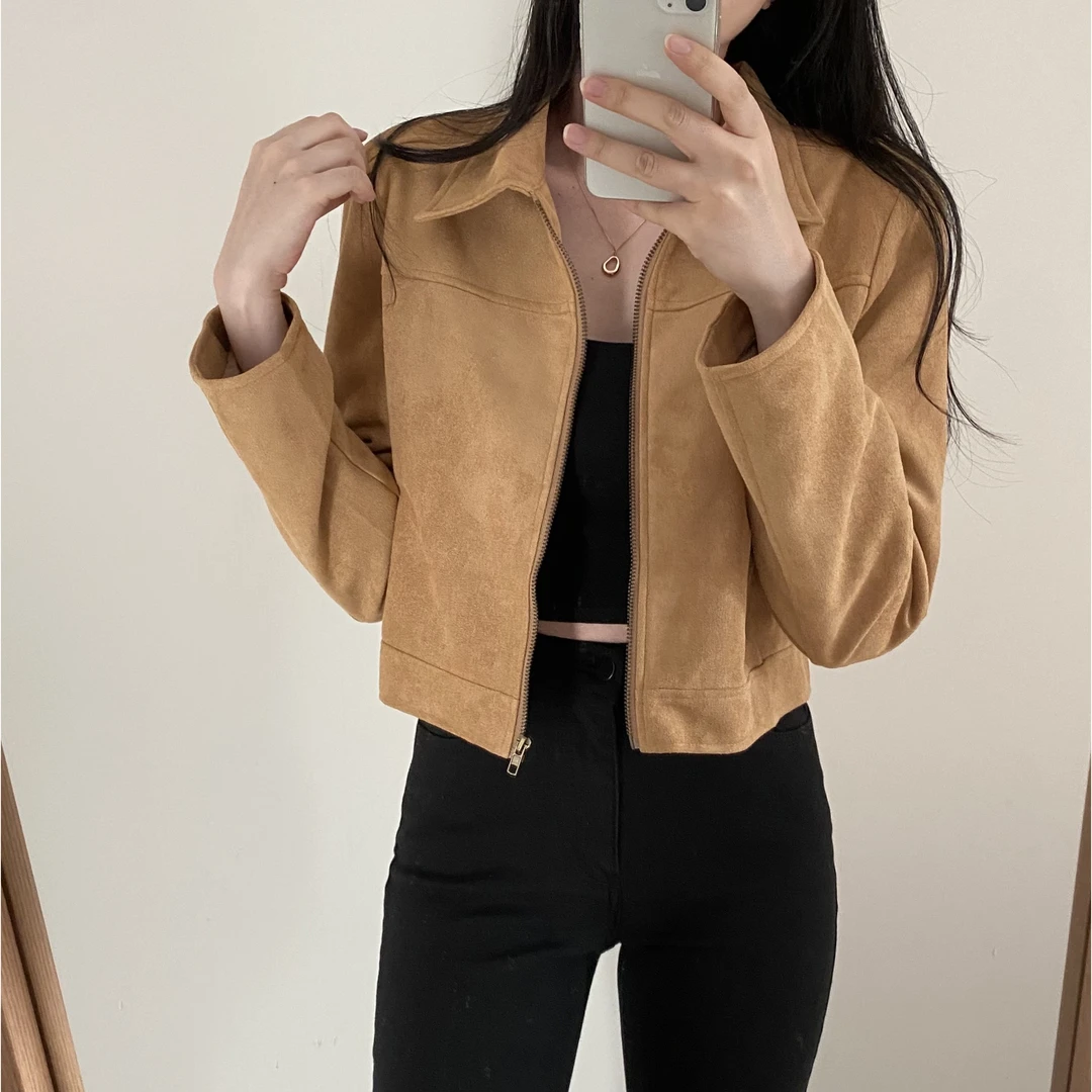 现货~韩系简约百搭皮绒外套女秋新款短上衣设计感小众夹克韩版