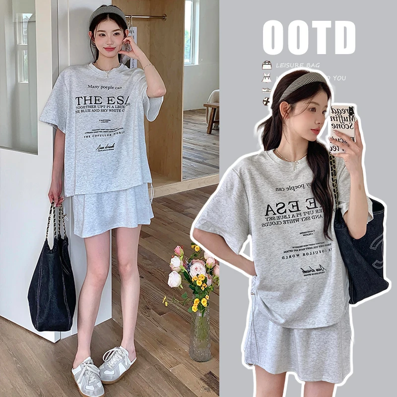 Y3675#4.8夏装孕妈时尚休闲百搭字母T恤+抽绳猪鼻半身裤裙套装