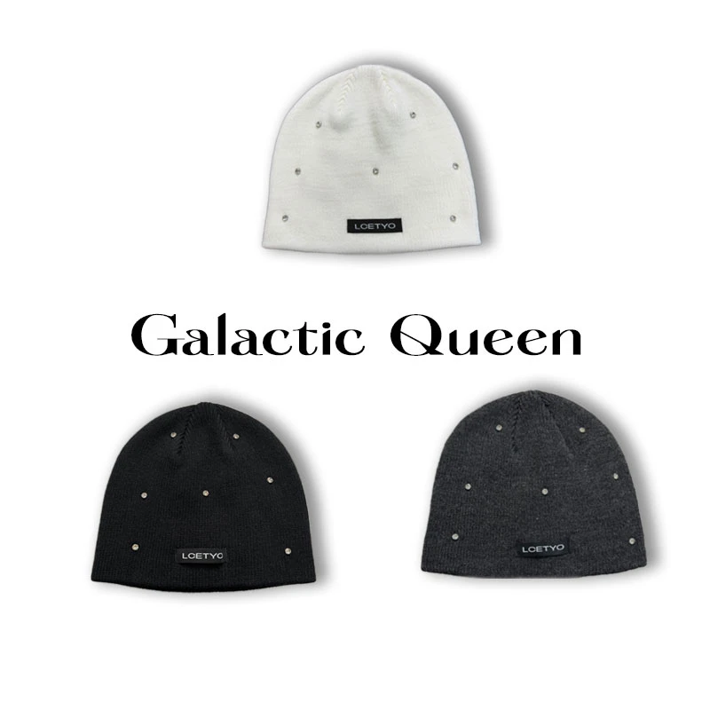 Galactic Queen手工订钻带标签无卷边针织帽子可护耳毛线帽显脸小