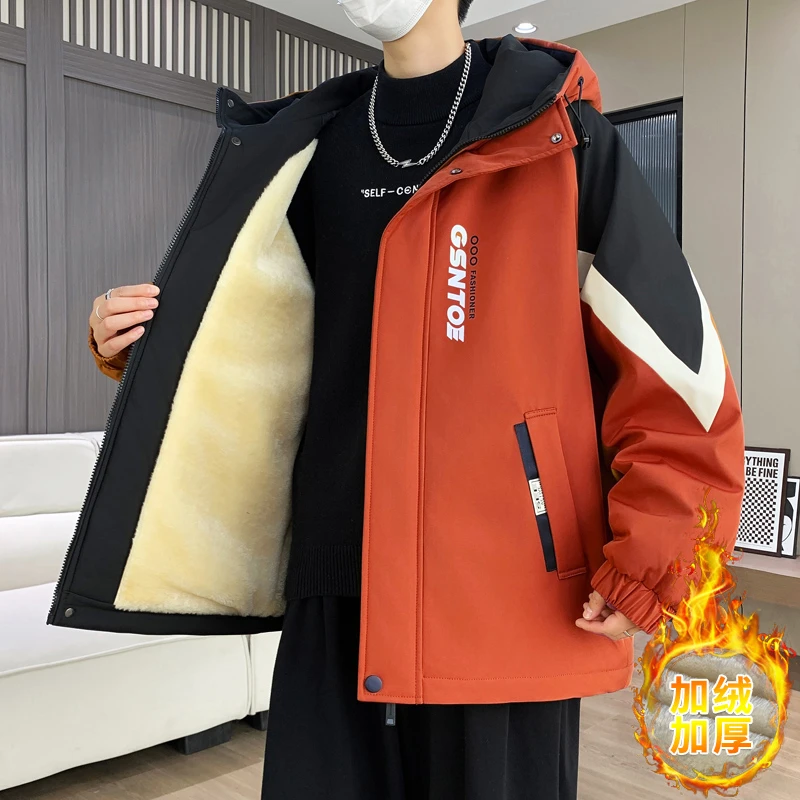 2025新款冬季潮流连帽青少年学生男士加绒加厚保暖夹克外套棉衣