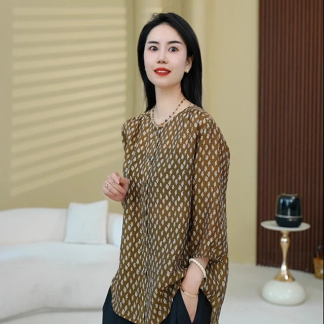 2025夏季新款时尚洋气休闲显瘦女装气质百搭印花宽松衬衫女1490