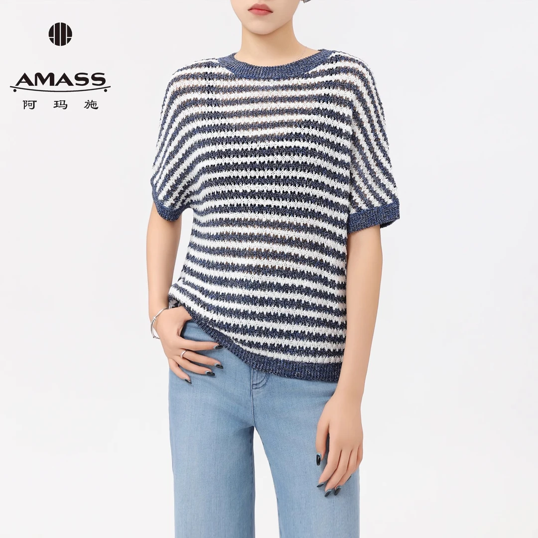 AMASS/阿玛施春夏基础百搭宽松圆领撞色条纹针织T恤上衣5399700