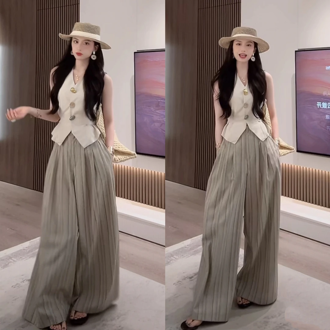 轻熟小众不撞款老钱风修身V领马甲背心+条纹褶皱休闲阔腿裤套装女