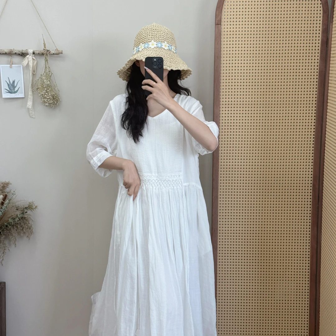 【苏里】夏季新款重工纯苎麻V领连衣裙风琴粘褶宽松简约收腰仙女裙