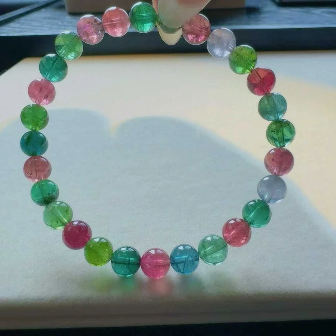 天然真品全彩碧玺手串单圈6.4mm12.5g正品圆珠碧玺简约手链女旺夫