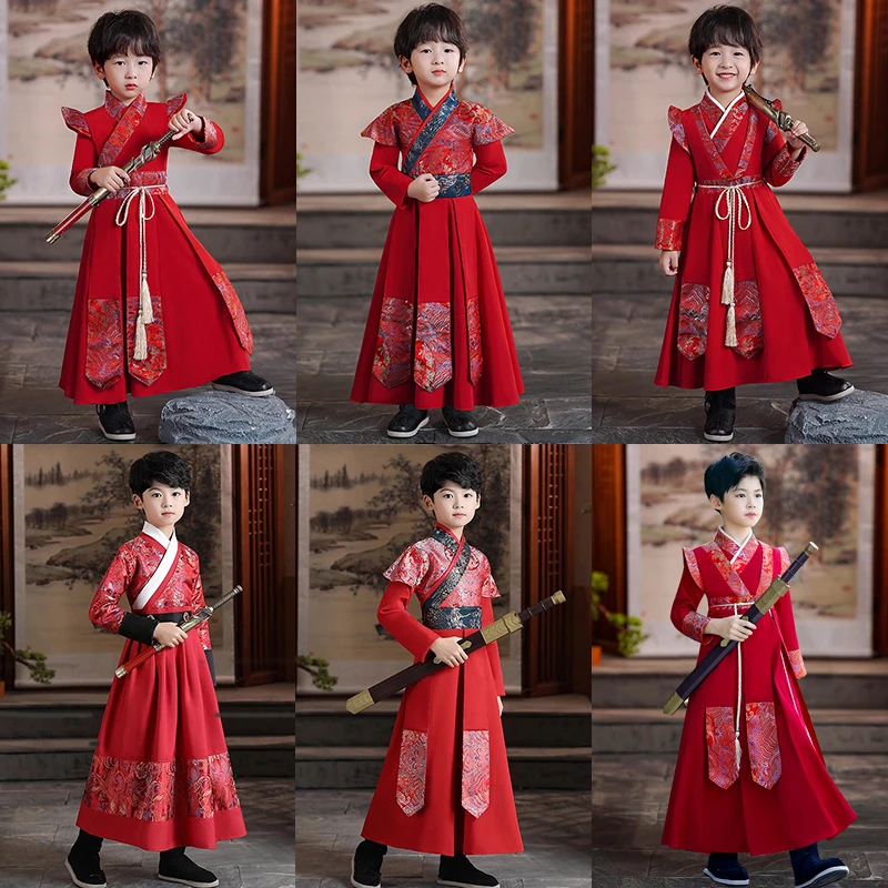 唐装男童汉服春秋儿童古装中国风红色男宝宝喜庆幼儿园元旦演出服