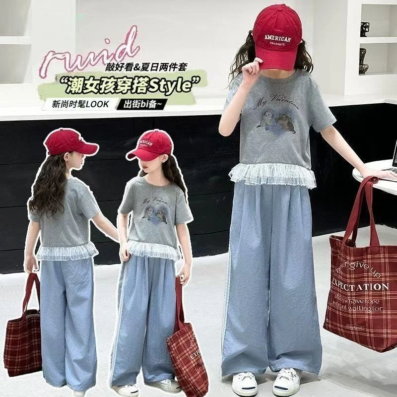 【现货】2025韩版夏季套装2025新款儿童洋气蕾丝花边拼接两件套