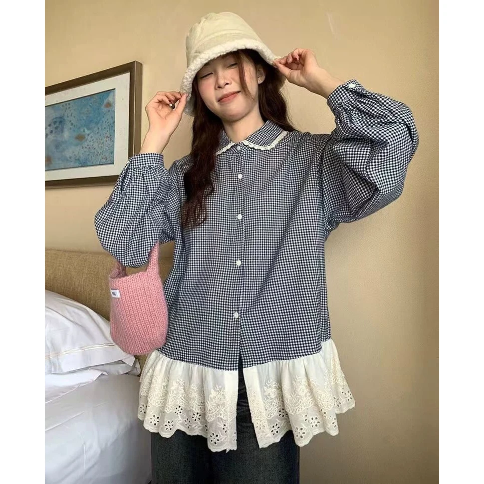 韩式格纹蕾丝花边假两件衬衫外套女早春甜美娃娃领小清新叠穿上衣