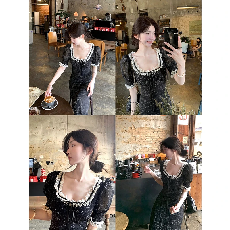 【mimius】喵喵 法式复古波点蕾丝拼接方领连衣裙 G04011