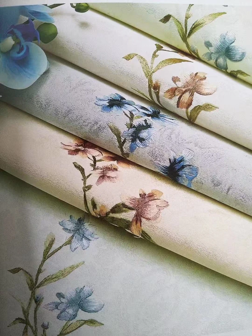 美式复古新中式3D立体浮雕电视背景墙刺绣壁布