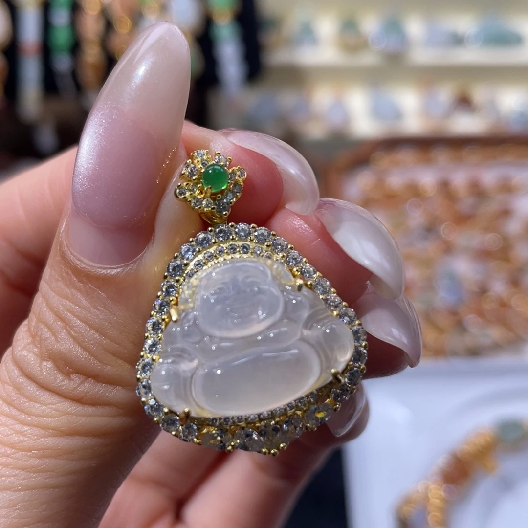 原***吖翡翠银S925镶嵌颈饰佛公